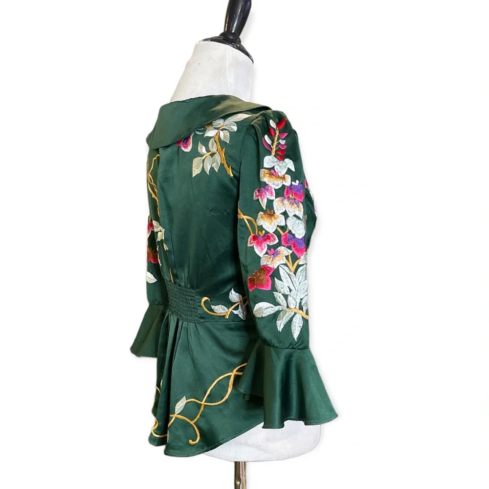 FREE PEOPLE BEAUTIFUL DREAMS FLORAL EMBROIDERED SATIN BLOUSE BELL FLUTTER SLEEVE